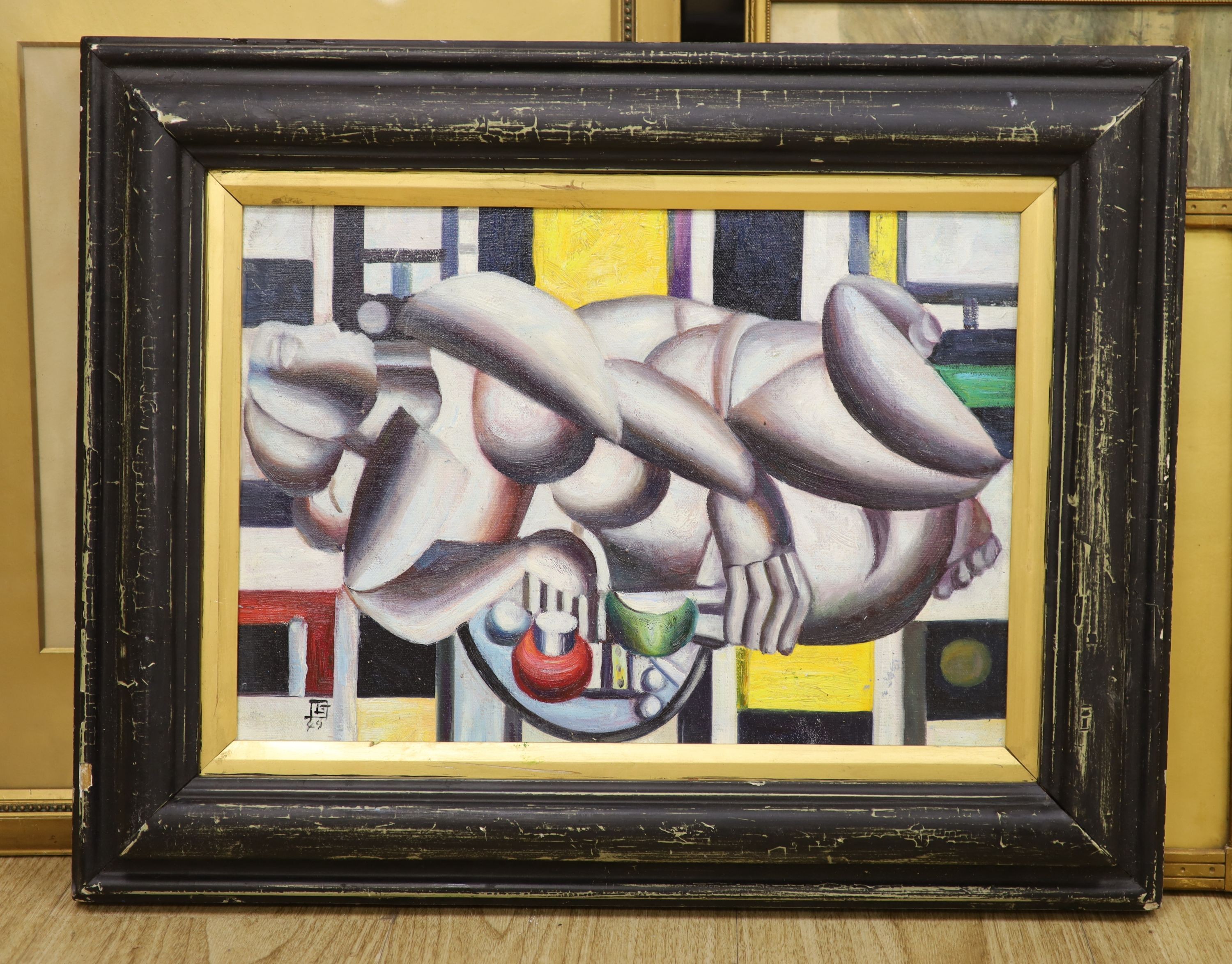 A modern Cubist style oil on board, Reclining nude, 28 x 40cm